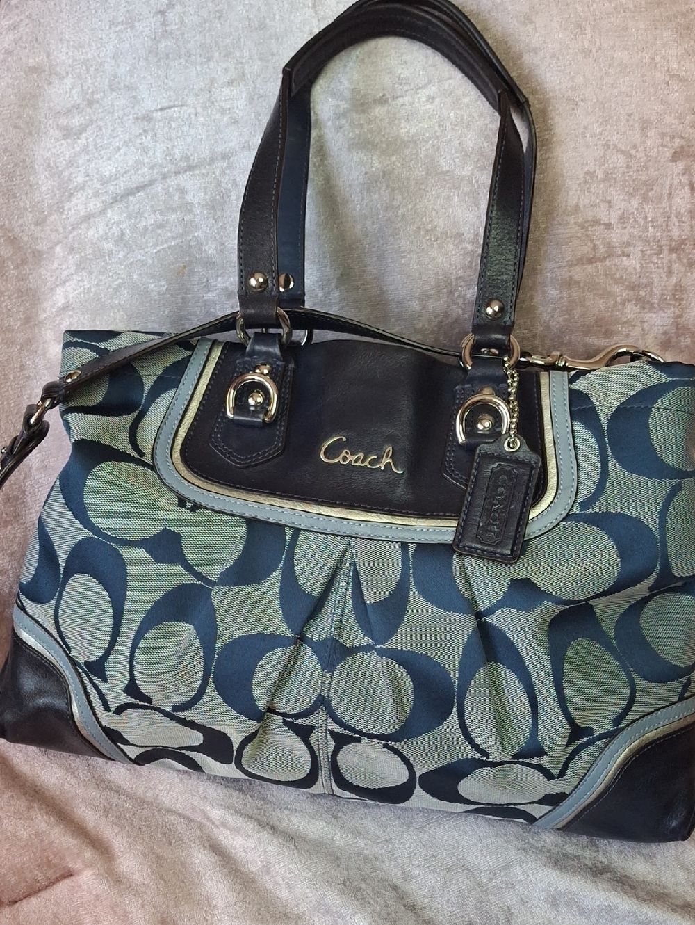 EUC COACH ASHLEY NAVY DENIM Jacquard Navy Trim Large Bag